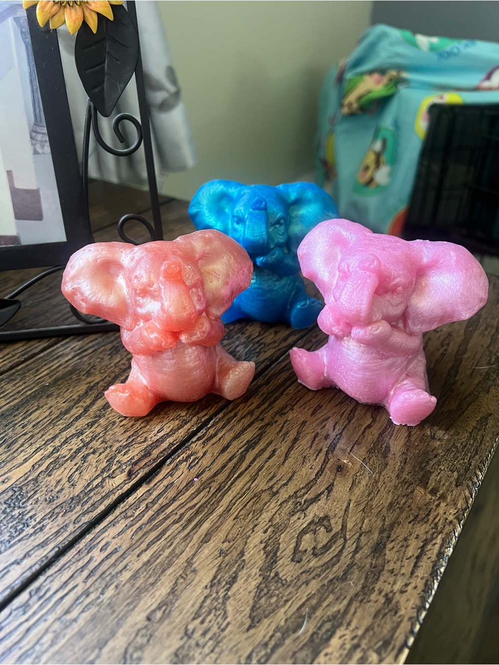 Set of 3 Shimmery Resin Elephant Figurines - Pink, Coral, Blue